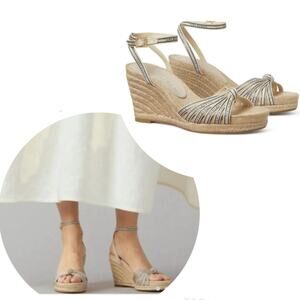 Tory Burch Beige Logo Strappy Ribbon Wedge Espadrille Sandals Heels Sz 7.5/8